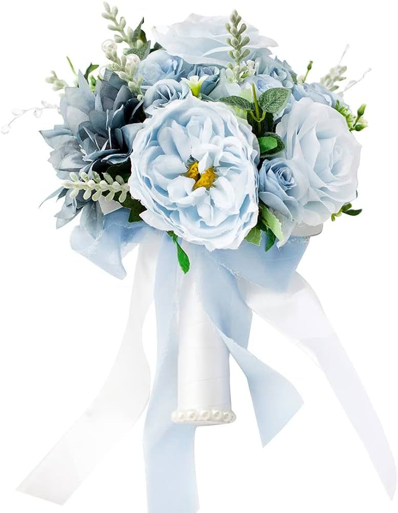 Amazon.com: Floinla Dusty Blue Wedding Bouquets for Bride Bridesmaid Artificial Roses Flowers Bri... | Amazon (US)