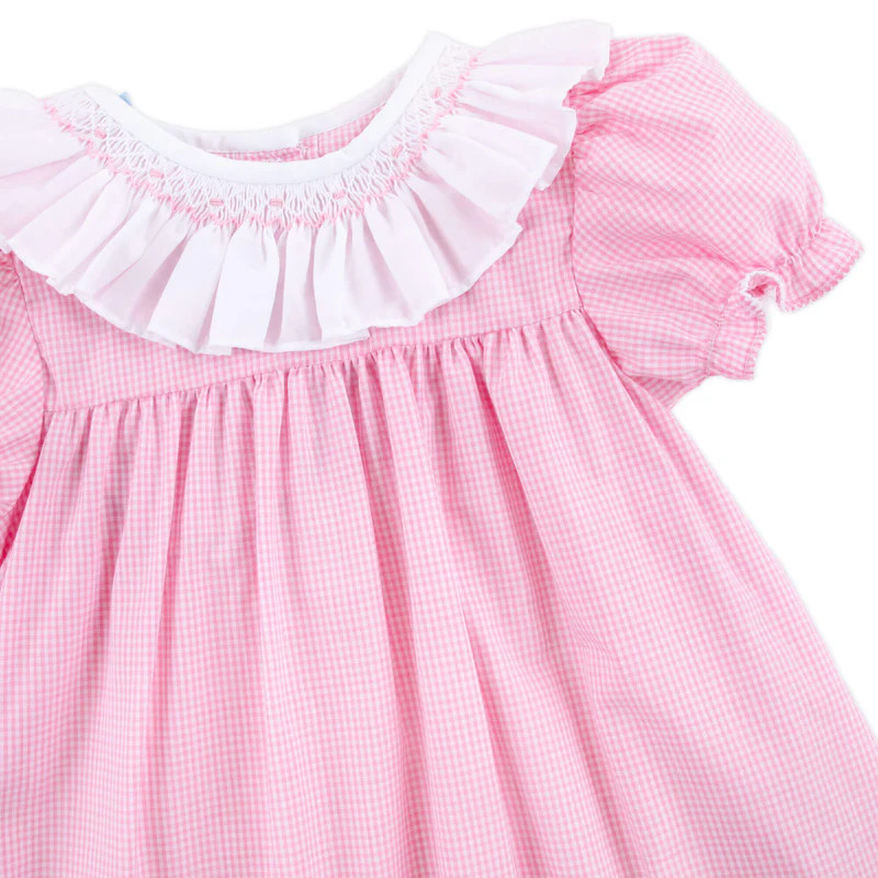 Pink Gingham Smocked Ruffle Collared Bubble | Classic Whimsy