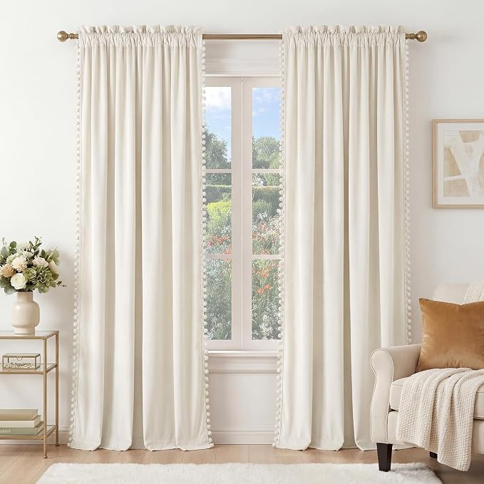 NICETOWN Ivory White Velvet Curtains 84" Long with Cute Pom-Pom Trim for Girls Bedroom & Playroom... | Amazon (US)