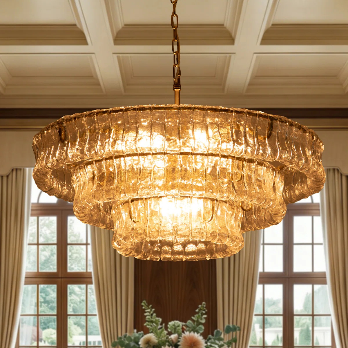 9-Light 32"W Polished Brass Modern Tired Chandelier with Hand-Blown Clear Glass for Dining Room o... | Wayfair North America
