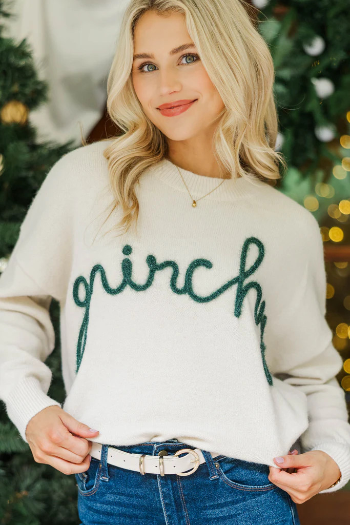 Feeling Grinchy Cream White Script Sweater | The Mint Julep Boutique