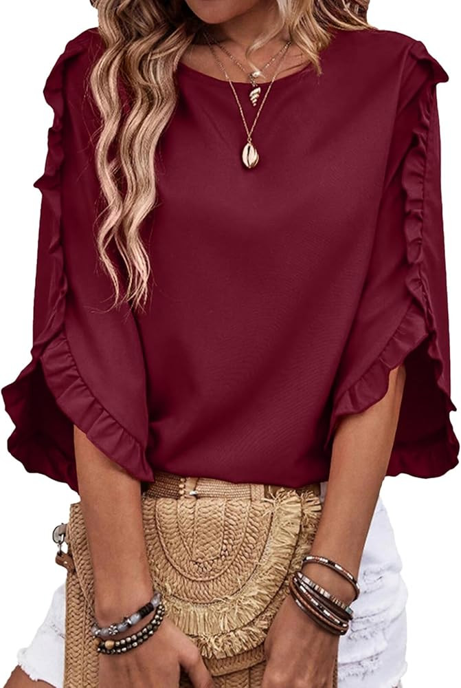 EVALESS 3/4 Length Sleeve Womens Tops Dressy Casual Blouses Crewneck Ruffle Sleeve Shirts Summer ... | Amazon (US)