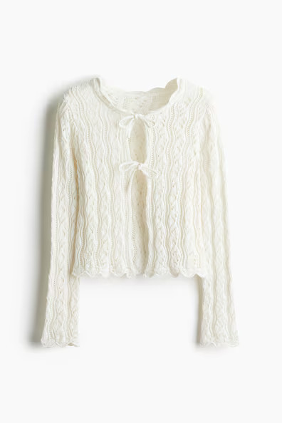 H & M - Tie-front pointelle-knit cardigan - White | H&M (UK, MY, IN, SG, PH, TW, HK)