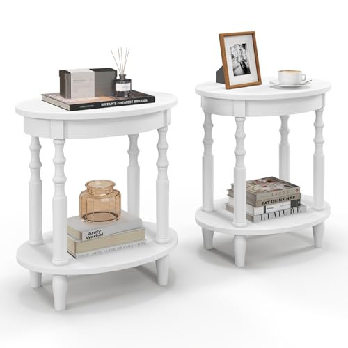 Giantex Oval End Tables Set of 2, 2-Tier Side Tables with Storage Shelf & Solid Wood Legs, Modern Living Room Accent Table, Wood Nightstand for Bedroom, Small Space, 20.5"L x 15.5"D x 24.5"H, White | Amazon (US)