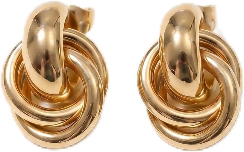14K Gold Plated Textured Interlocking Double Ring Stud Earrings for Women, Modern Gold Statement ... | Amazon (US)