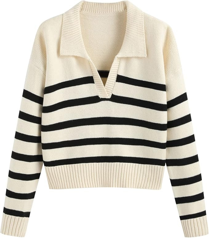 ZAFUL Women's Color Block Striped Sweater Crew Neck Lantern Sleeve Cropped Sweaters Casual Loose ... | Amazon (US)