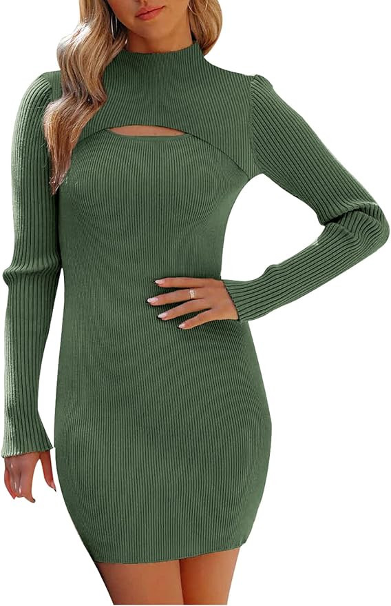 Amazon.com: NALANISA Women's Long Sleeve Cutout Front Mini Sweater Dress Turtle Neck Bodycon Dres... | Amazon (US)