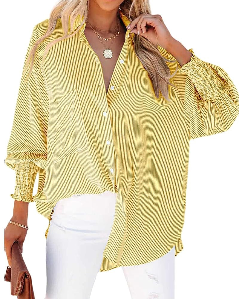 Womens Striped Button Down Shirts Smocked Puff Sleeve Boyfriend Blouse Collar Oversized Work Tops... | Amazon (US)