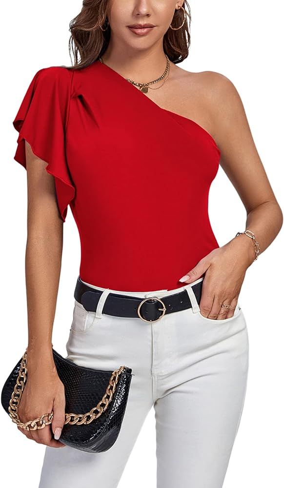 LYANER Women's Summer Elegant One Shoulder Ruched Ruffle Short Sleeve Blouse Top | Amazon (US)