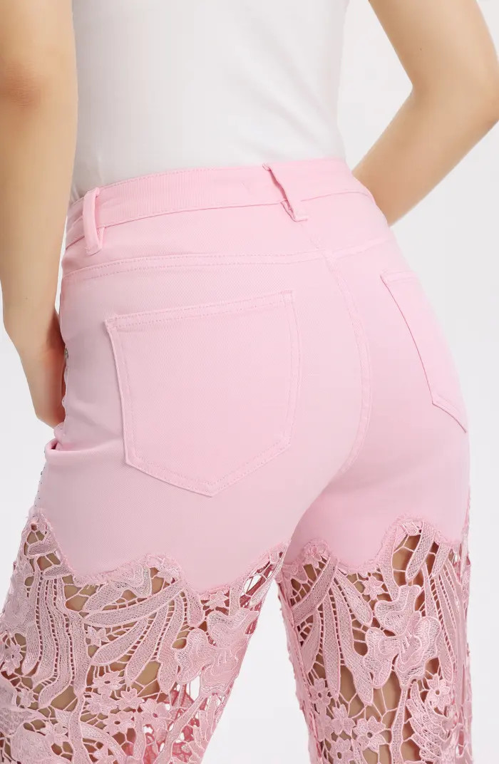 High Waist Crystal Embellished Lace Wide Leg Jeans | Nordstrom