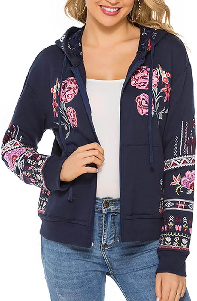 AK Women's Full Zip Long Sleeve Embroidered Sweatshirt Floral Boho Embroidered Mexican Hoodie Fal... | Amazon (US)