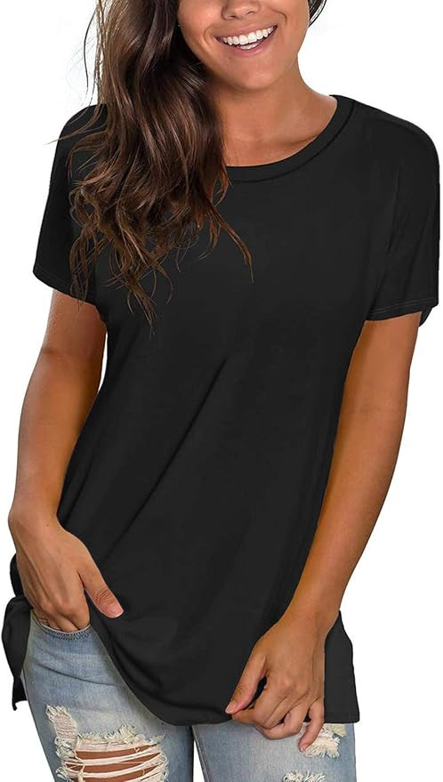 WNEEDU Womens T Shirts Short Sleeve Crewneck Loose Summer Tees Basic Tops | Amazon (US)