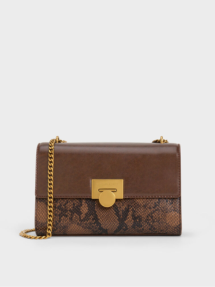 Snake Print Chain-Strap Bag - Brown | Charles & Keith US