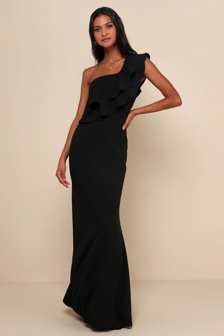 Grand Beauty Black Ruffled One-Shoulder Mermaid Maxi Dress | Lulus