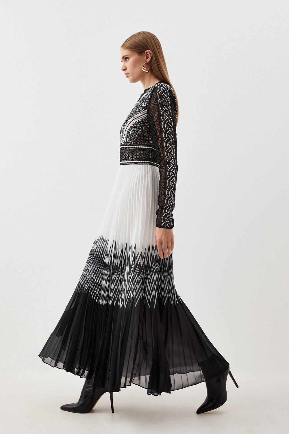 Guipure Lace Pleated Placed Print Woven Maxi Dress | Karen Millen US