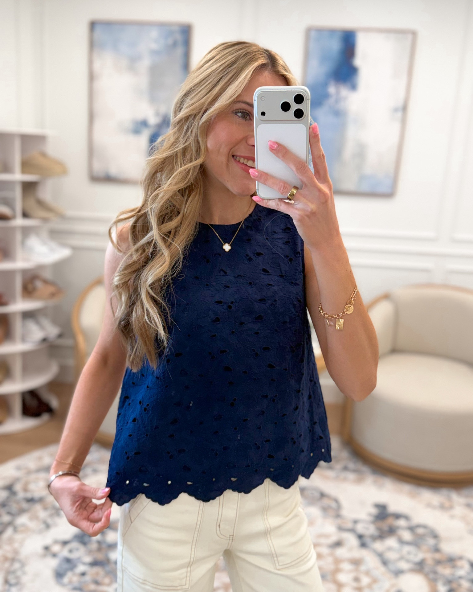 This navy eyelet scallop hem top from Walmart is a spring wardrobe standout — eyelet fabric, scallop hem detail, and such a classic navy color. Pairs so effortlessly with cream wide leg pants for the perfect coastal chic look.

#LTKootd #LTKSeasonal #LTKgrwm