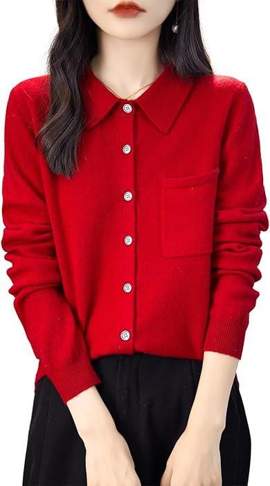 Women's Polo Neck 100% Merino Wool Sweater 2024 Spring Basic Long Sleeve Knitted Cardigan Sweater... | Amazon (US)