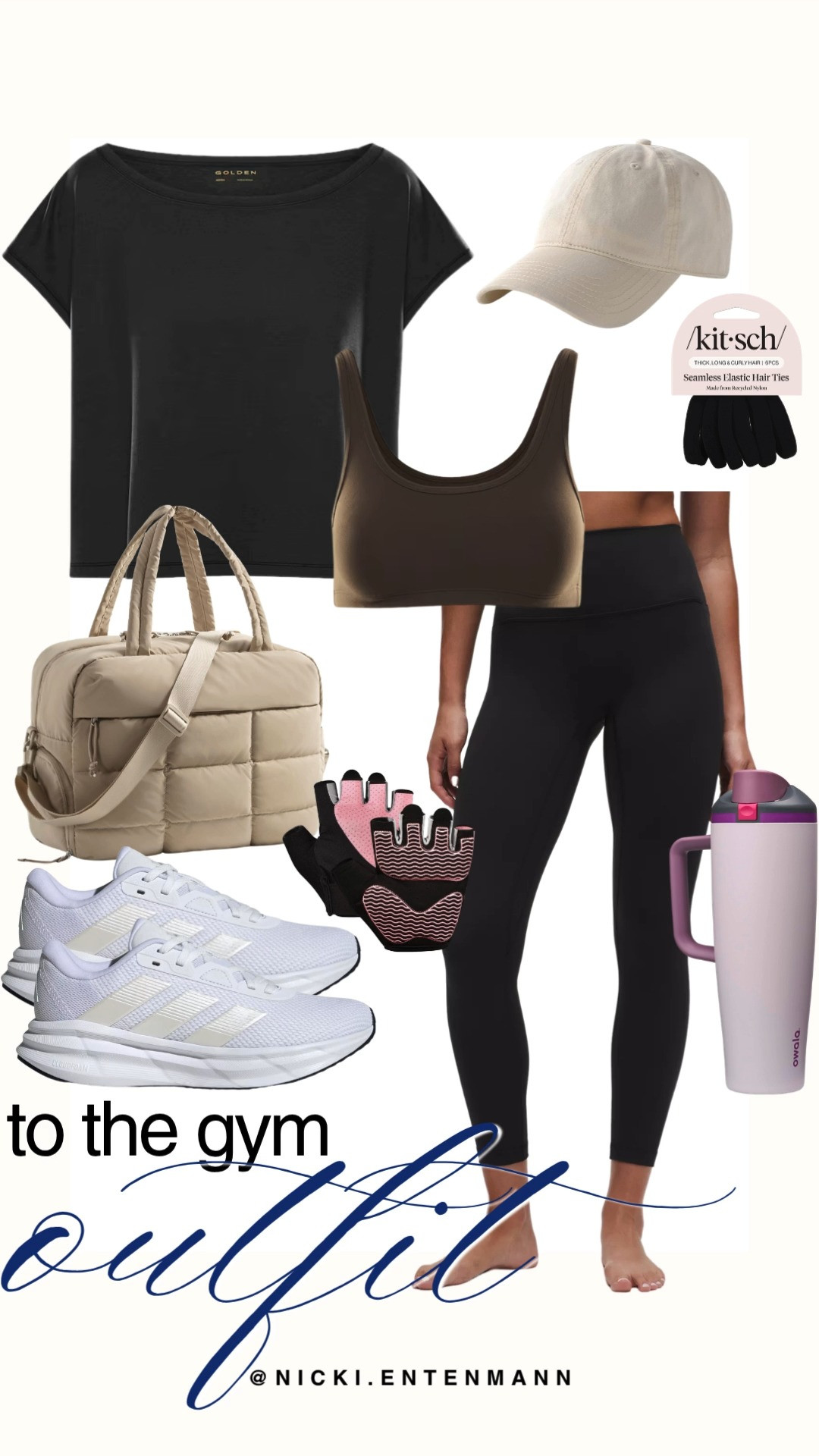 This neutral gym ensemble pairs high-waisted black leggings with a scoop-neck sports bra in espresso brown and a black short-sleeve active tee. Complete the look with a beige baseball cap, a quilted duffel bag, white adidas sneakers, workout gloves, Kitsch hair ties, and a lavender Owala bottle.

#gymoutfit #athleisure #workoutstyle #preppycasual #activewear #everydaystyle 

 #LTKootd #LTKfitnessgoals #LTKActive