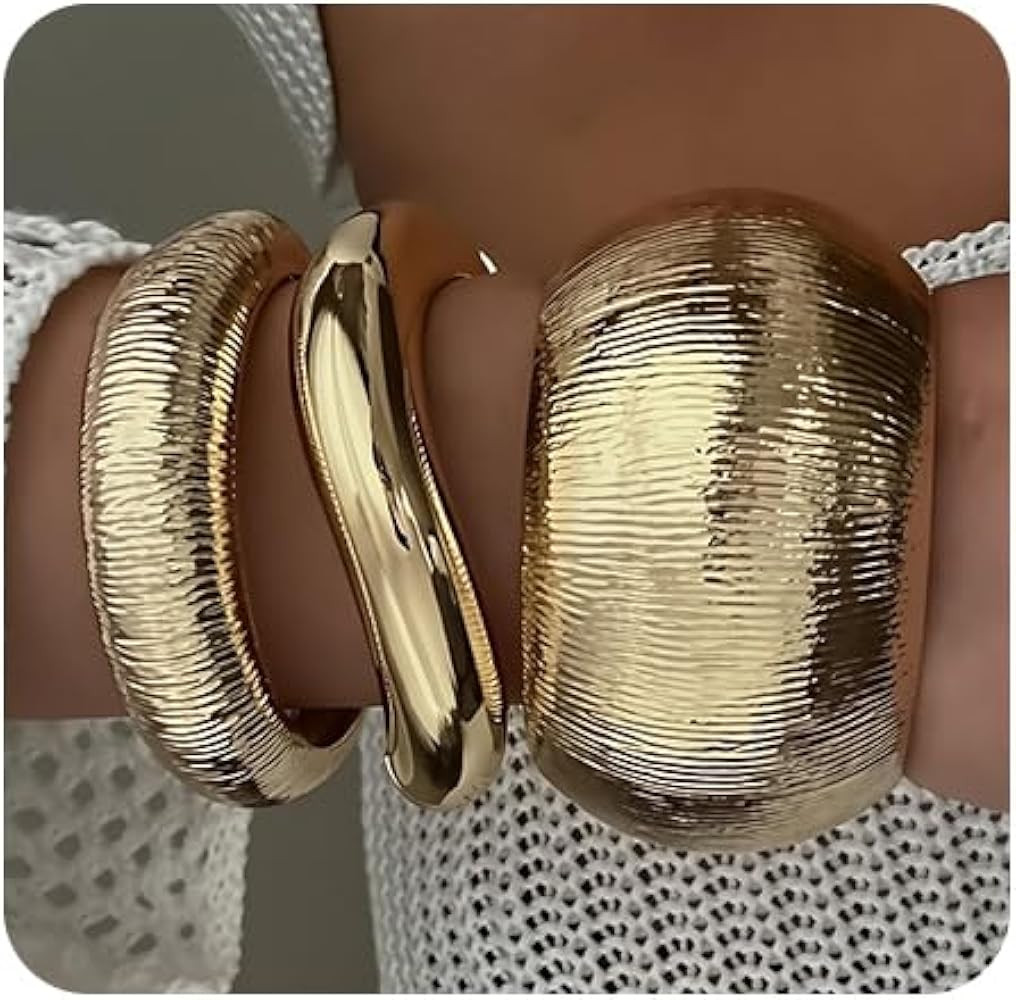 SAMOCO 3Pcs Chunky Gold Bangle Bracelets for Women Trendy Wide Wrist Cuff Bracelets Stack Stateme... | Amazon (US)