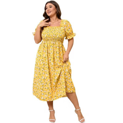 Women's Plus Size Floral Midi Dress Summer Square Neck Smocked Puff Sleeve Milkmaid Casual Boho Dress Yellow Flower 4XL | Target