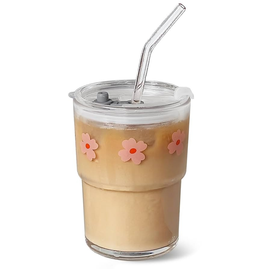 13oz Glass Tumbler with Straw and Lid, Reusable Iced Coffee Cup Tumbler, Cute Glass Cups for Wate... | Amazon (US)
