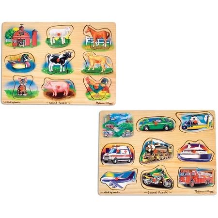 Melissa & Doug Sound Puzzles Set: Farm and Vehicles Wooden Peg Puzzles | Walmart (US)