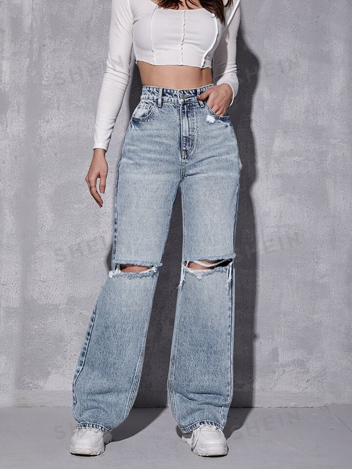 SHEIN EZwear High Waist Ripped Wide Leg Jeans | SHEIN