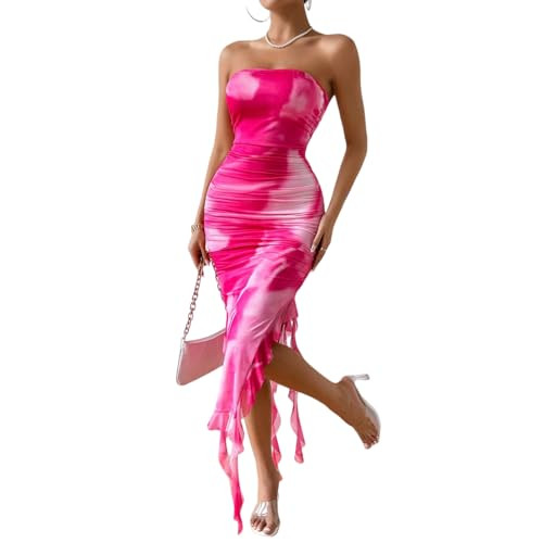 LIGHT DOT Women's Summer Midi Bodycon Tube Dress Strapless Tassel Slit Tie Dye Mesh Ruched Cockta... | Amazon (US)