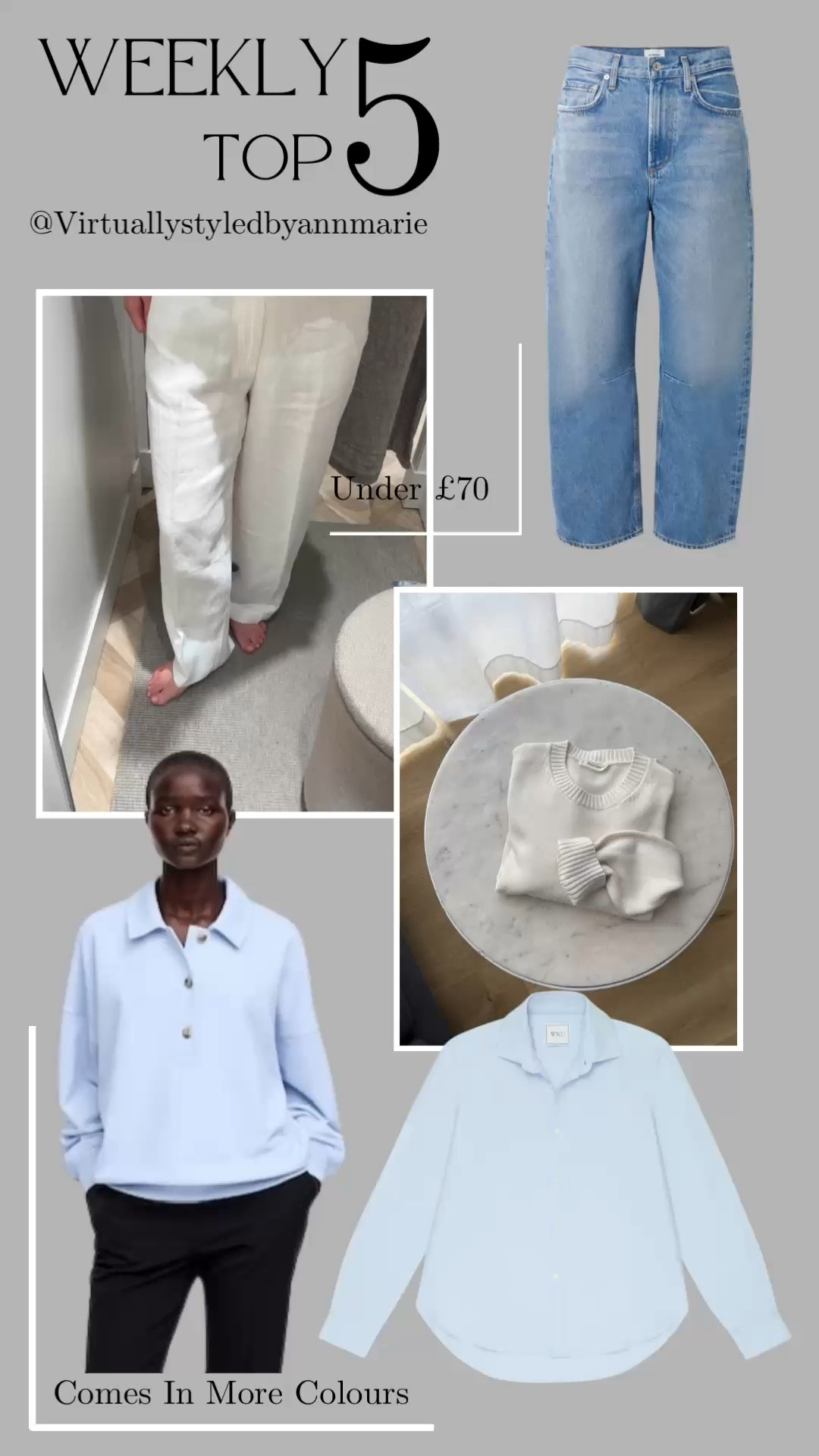 Weekly top 5 items featured this week; 
White linen carrot barrel trousers 
Citizens of Humanity Miro Barrel jeans 
Everlane Cotton Boxy Jumper 
With Nothing Underneath blue oxford shirt 
Blue Terry Polo Sweatshirt 