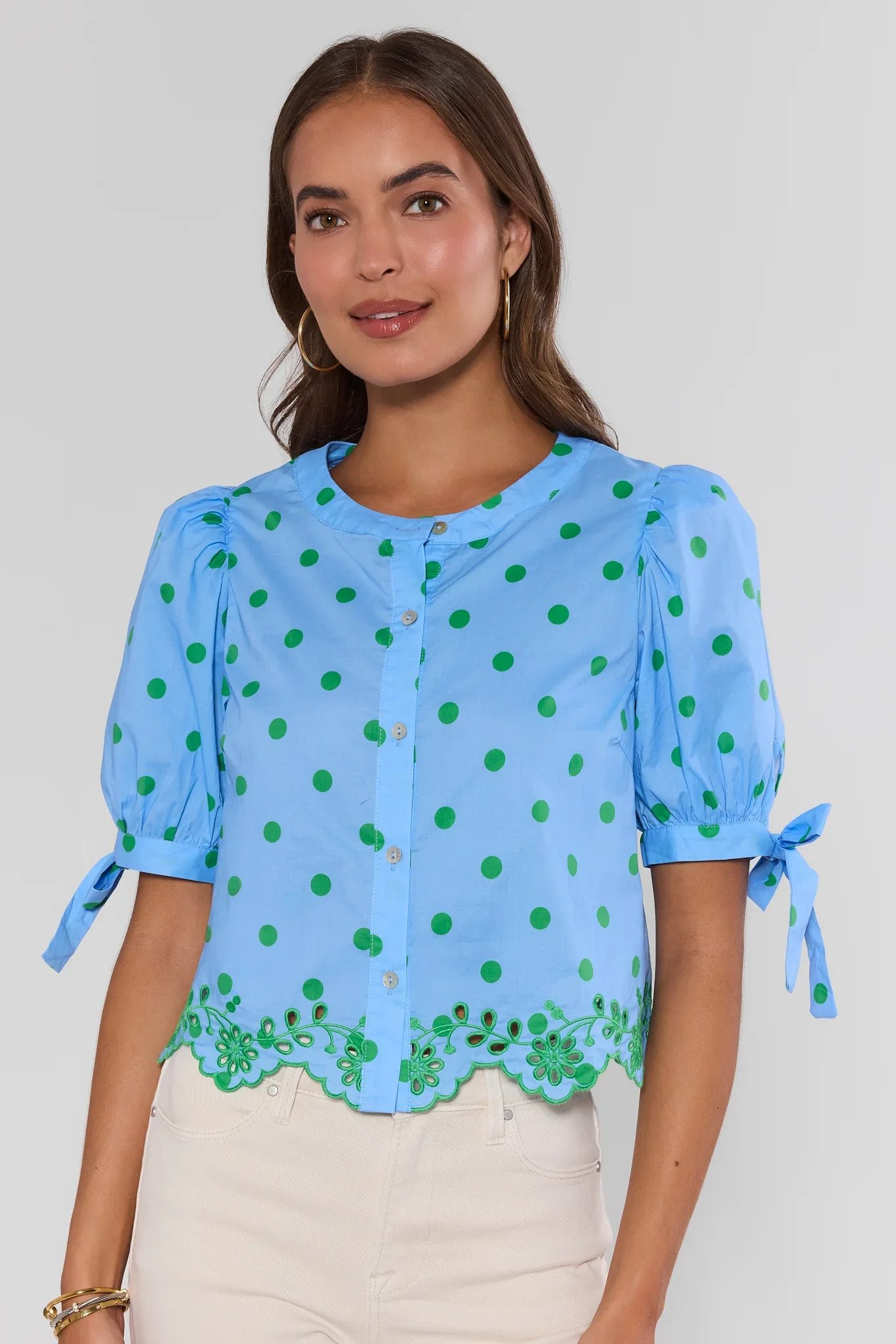 Blue Polka Dot Eyelet Trim Top | Avara