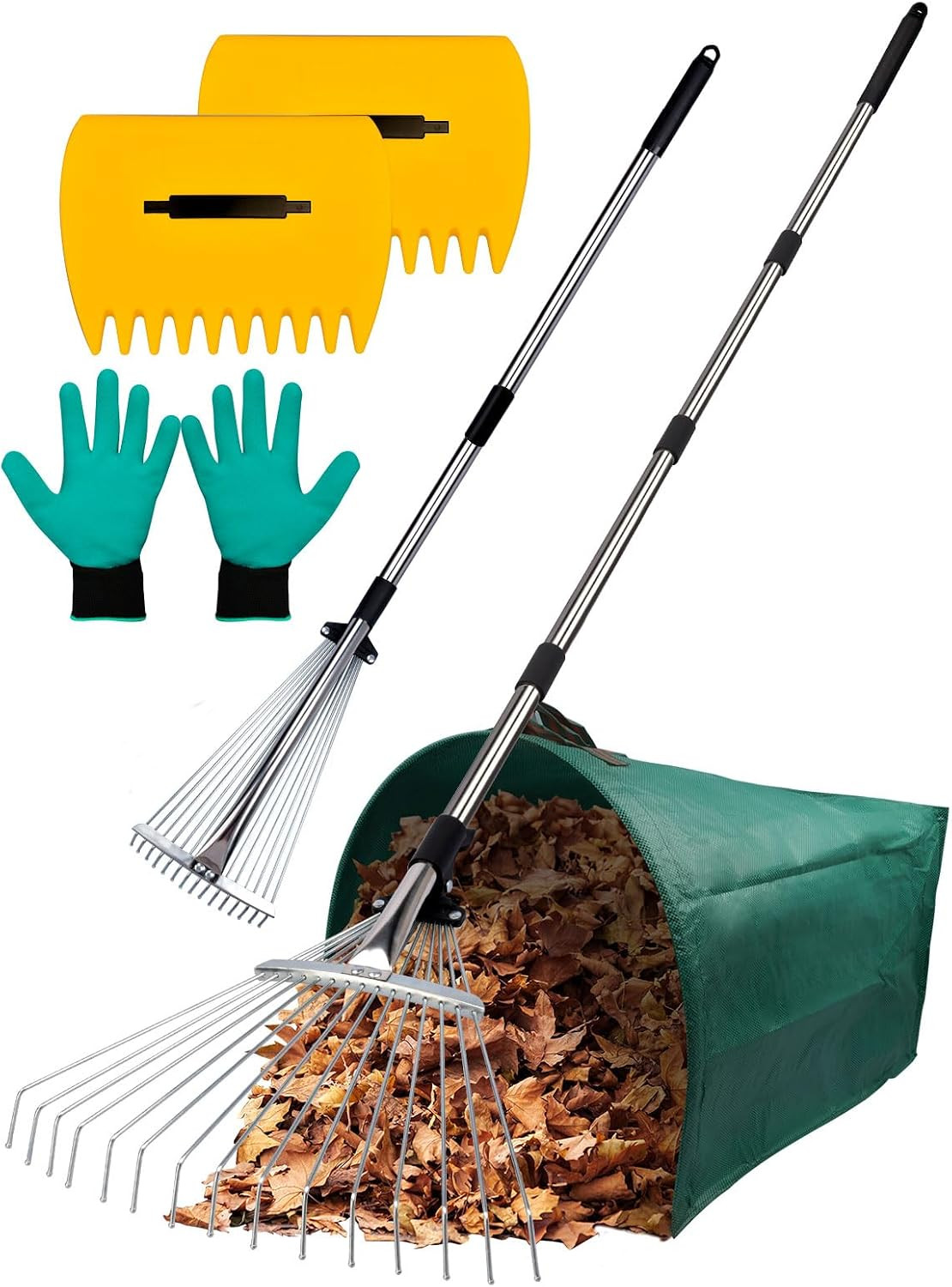 Adjustable Metal Leaf Rake Set Garden Rake for Leaves Long Handle 37"-63" Expandable Head Gardening Tools Set Includes 44 Gallon Bag & Scoop & Gloves Rakes for Lawns Heavy Duty for Yard Lawn Garden | Amazon (US)