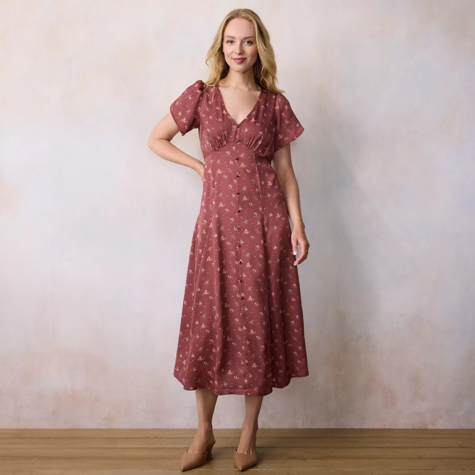 Women's LC Lauren Conrad Tulip Sleeve A-Line Dress, Size: Large, Pink Tossed Posy | Kohl's