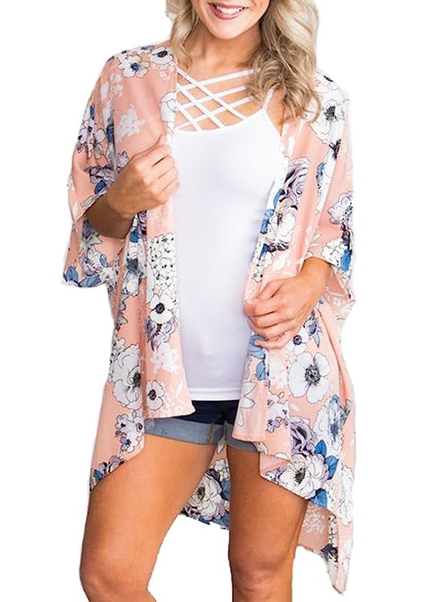 PINKMILLY Women's Floral Print Kimono Sheer Chiffon Loose Cardigan | Amazon (US)