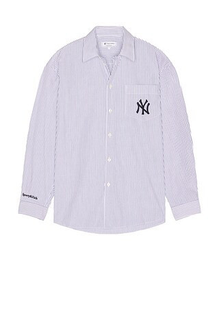 Sporty & Rich Yankees Serif Oversized Shirt in Navy Striped - Navy. Size XL/1X (also in ). | FWRD 