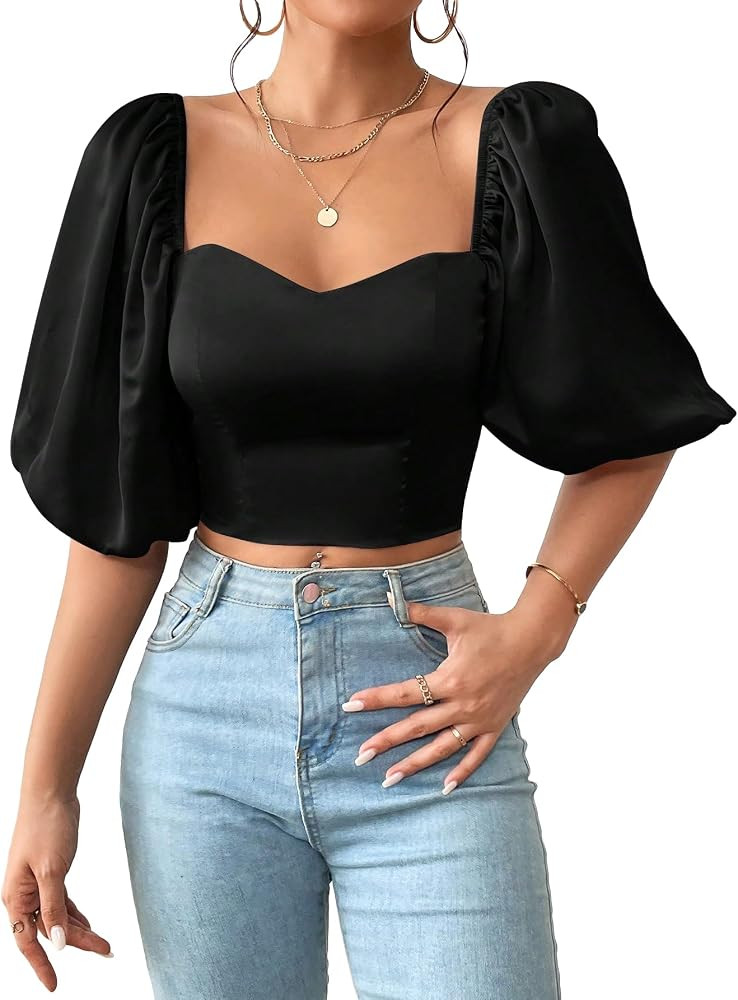 SweatyRocks Women's Half Puff Sleeve Sweetheart Neck Shirt Casual Shirred Slim Fit Crop Blouse To... | Amazon (US)