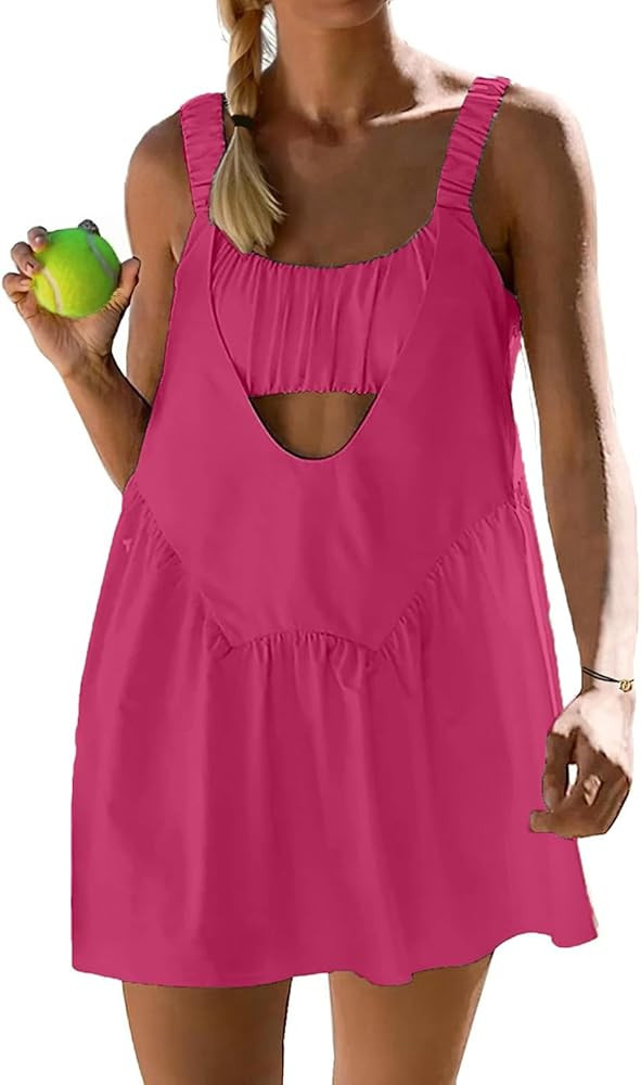 Womens Tennis Dress Built-In Bra and Shorts Pockets Workout Dresses Athletic Outfits Cut Out Two ... | Amazon (US)