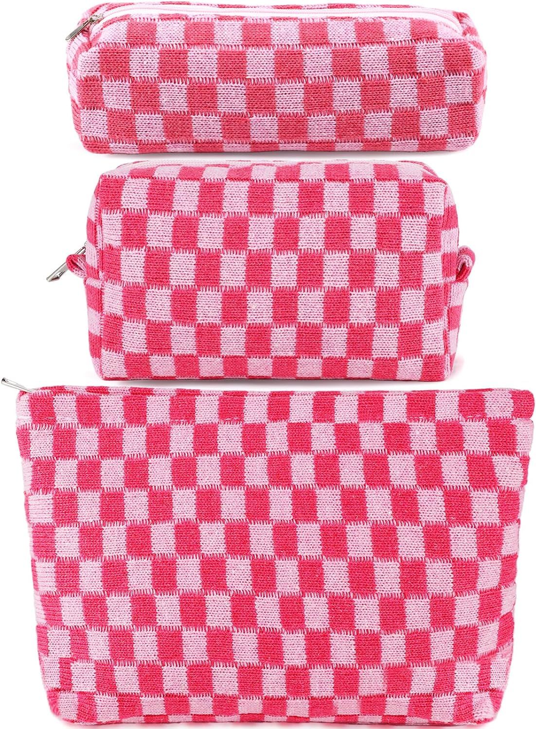 3Pcs Checkered Makeup Bag for Women Large Medium Small Pink Cosmetic Bag Set Travel Makeup Pouch ... | Amazon (US)