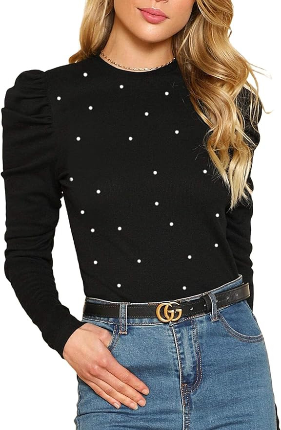 Remidoo Women's Solid Round Neck Puff Long Sleeve Slim Fit T Shirt Tops | Amazon (US)