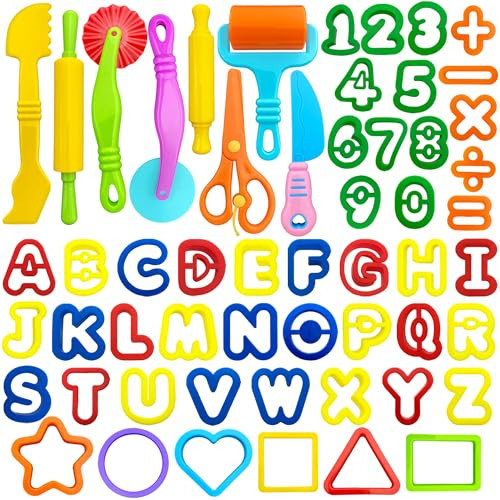 iShyan Dough Tools 55 PCS Dough Play Tools Set for Kids, Plastic Alphabet Numbers Shapes Cutters, Rollers, Scissors | Amazon (US)