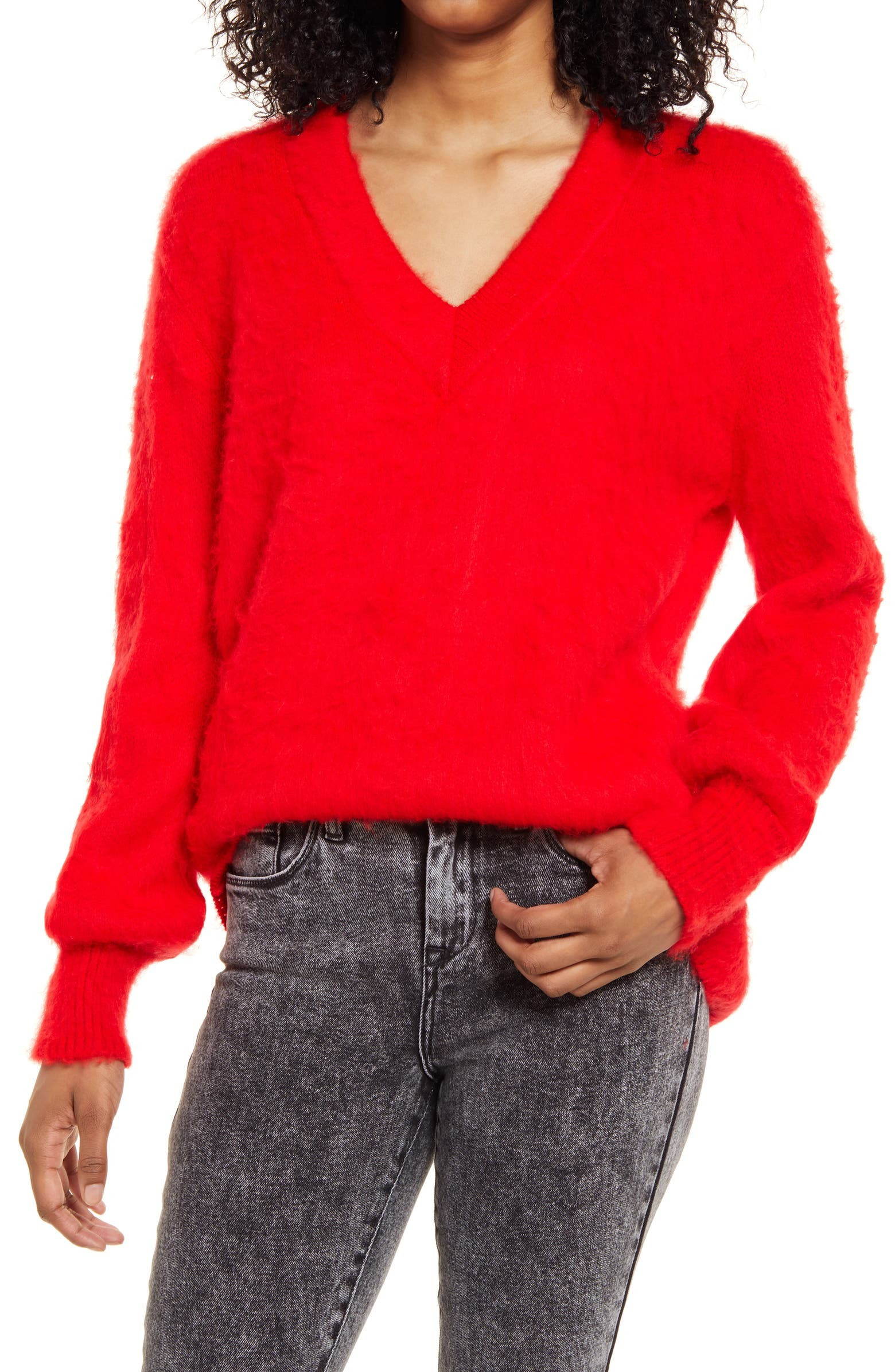 Deep V-Neck Fuzzy Tunic Sweater | Nordstrom