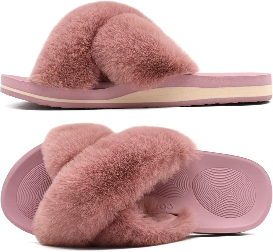 COFACE Womens Fuzzy Slides Fluffy Faux Fur Cross Slippers Open Toe Yoga Mat House Slippers Sandal... | Amazon (US)