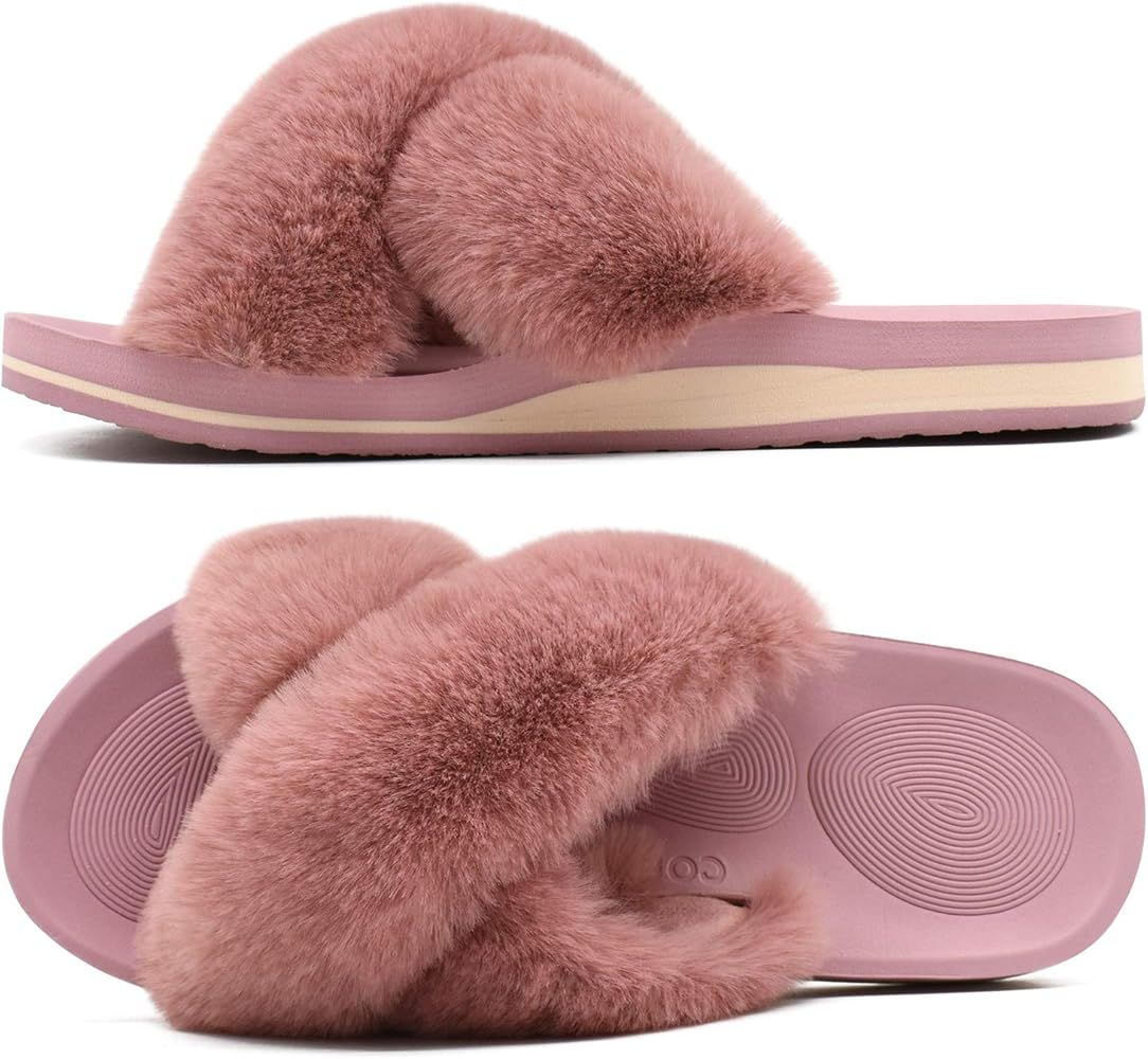 Amazon.com | COFACE Womens Fuzzy Slides Fluffy Fax Fur Cross Slippers Open Toe Yoga Mat House Sli... | Amazon (US)