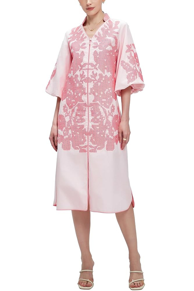D-Sun Women Casual V-Neck Mid Dress Floral Embroidery 3/4 Sleeves Spring Summer Tunic Dress Loose... | Amazon (US)