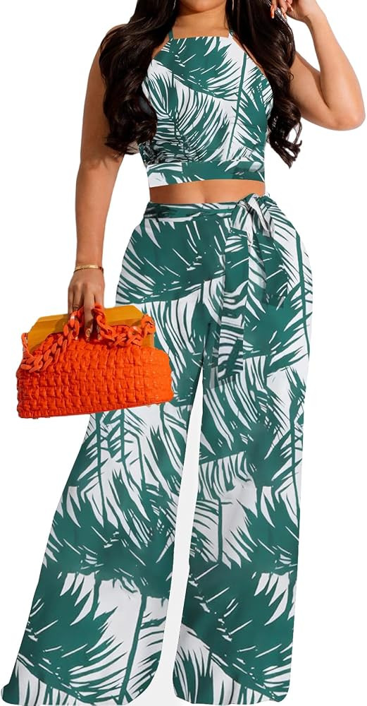 Elegant Two Piece Outfits for Women Sexy Bandage Top Long Straight Pants Swimwear Sets Coverups V... | Amazon (US)