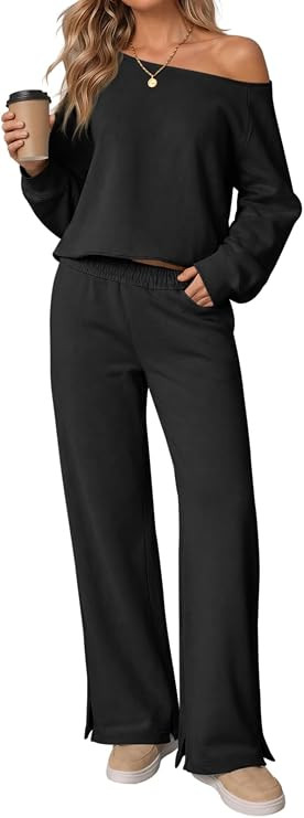 Fisoew Womens 2 Piece Outfits Off the Shoulder Sweatshirts Crop Top Wide Leg Sweatpants Fall Casu... | Amazon (US)