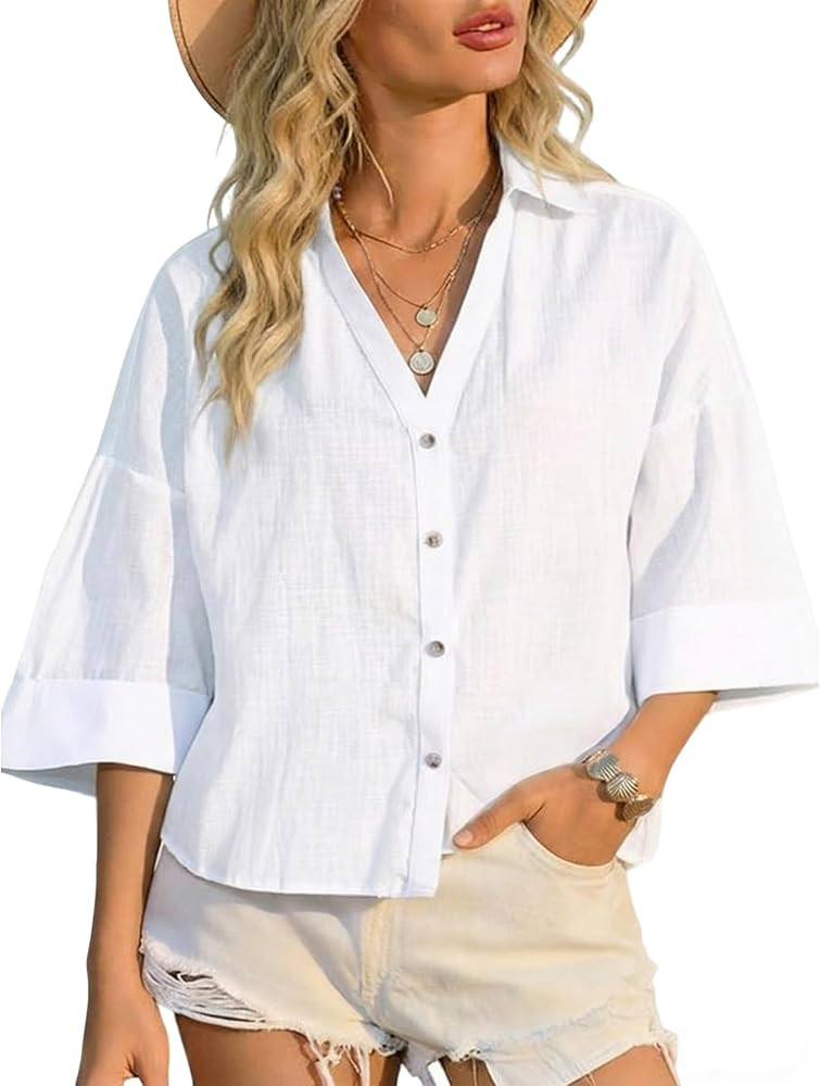 Watashi Women Button Down Shirt Casual Loose Fit Wide 3/4 Sleeve Poplin Shirts Collared Office Wo... | Amazon (US)