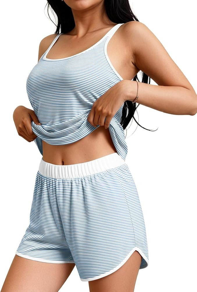 JUSTFASHIONNOW Womens Striped Tank Top Pajama Set 2 Piece Summer Cami and Shorts Pjs Set Comfy Sl... | Amazon (US)