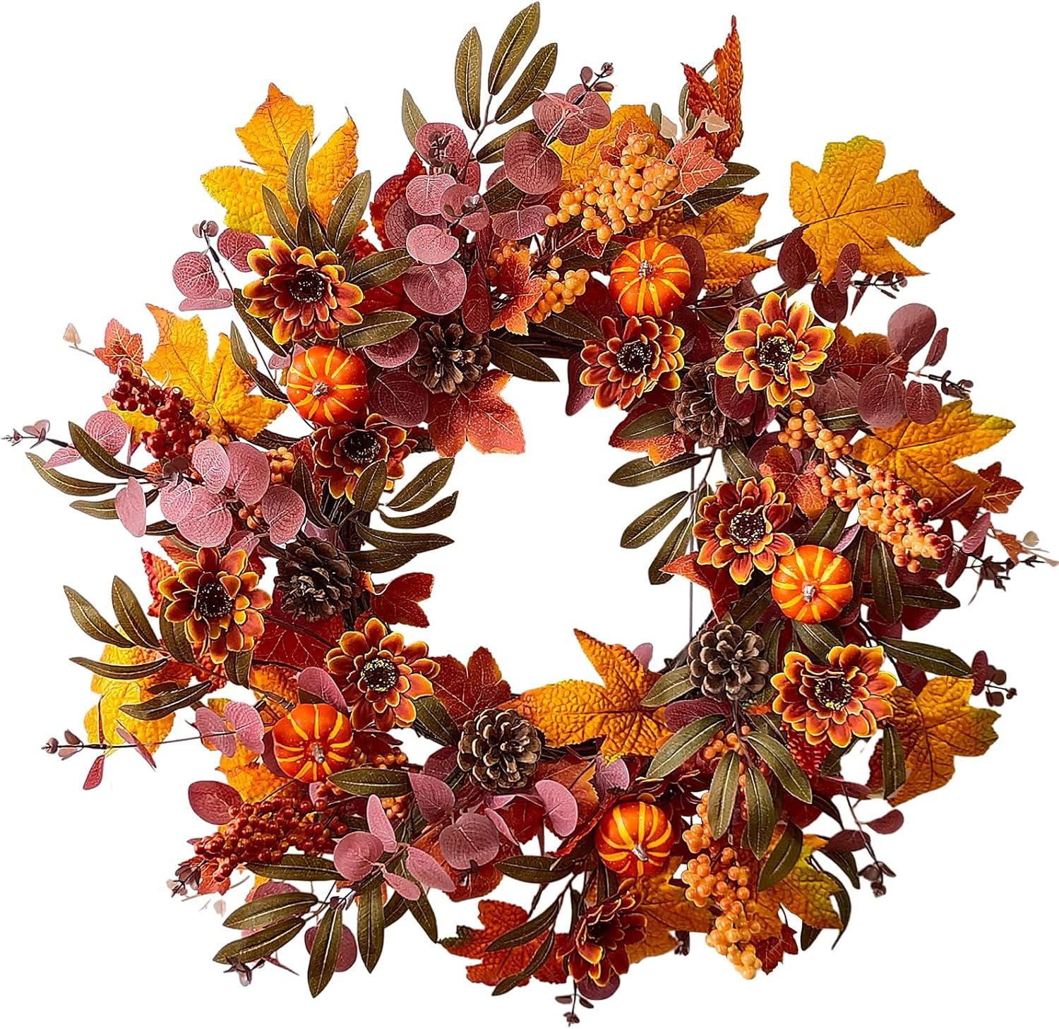 Fall Wreath for Front Door, Fall Decor, 21 Inch Autumn Wreath with Maple Leaf Pumpkin Pine Cone B... | Amazon (US)