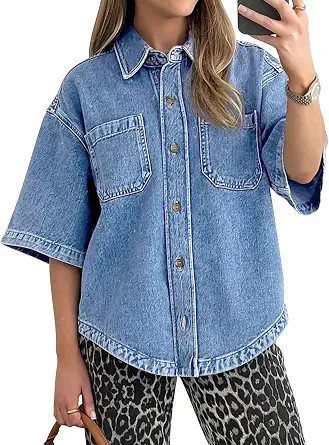 POTILI Denim Top for Women Short Sleeve Jean Shirt Trendy | Button Down, V-neck, Front Pockets, L... | Amazon (US)