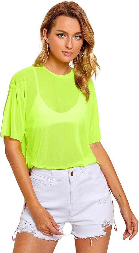 MakeMeChic Women's Summer Short Sleeve Tops See Through Mesh Sheer Sexy T Shirt Blouse | Amazon (US)